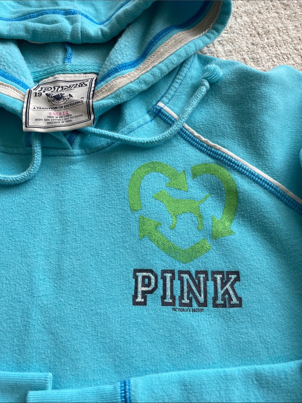 PINK Victoria's Secret Bright Aqua Hoodie with Lime Accent - Picture 5 of 8